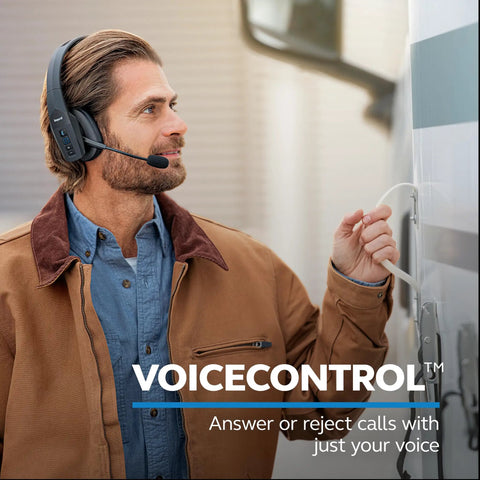 Man wearing Mono Bluetooth Trucker Headset With Mic 96 Percent Noise Canceling All Day Comfort Padded Headband Extended Wireless Range
