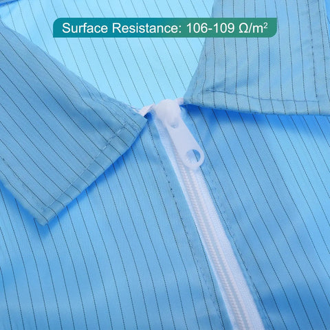 Close-up of Real Deal ESD Anti Static Lab Coat Built Heavy Duty for the Shop Floor showing blue fabric and zipper details.