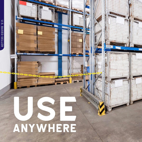 Warehouse zone with yellow plastic barrier chain for safety and crowd control, 125 feet long and 2 inches wide.