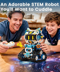 Five In One STEM Robotics Kit With App And Remote Control Build Code And Play Projects A Kid Friendly Gift For Ages 8 To 12 That Makes Learning Hands On Creative And Totally Fun This Holiday Season. boy and man with robot kit and remote