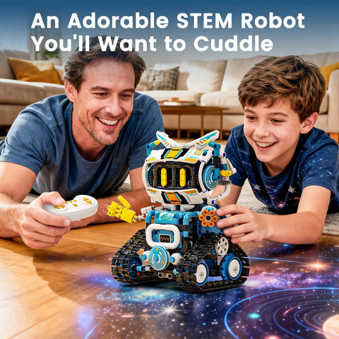 Five In One STEM Robotics Kit With App And Remote Control Build Code And Play Projects A Kid Friendly Gift For Ages 8 To 12 That Makes Learning Hands On Creative And Totally Fun This Holiday Season. boy and man with robot kit and remote