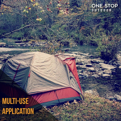 Tent by a river with heavy duty 12 inch round metal stakes for landscape and paver edging, extra thick timber nail spikes in use.