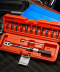 Gear Up Bike Torque Wrench Set 1/4 Inch Drive With Hex And Torx Bits 2-20 Nm Click Wrench in open storage case