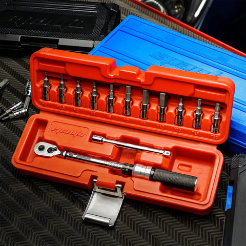 Gear Up Bike Torque Wrench Set 1/4 Inch Drive With Hex And Torx Bits 2-20 Nm Click Wrench in open storage case
