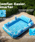 Inflatable Tanning Pool Lounger Float 70 Inch By 46 Inch With Pillow in blue, featuring cup holders and a drain valve.