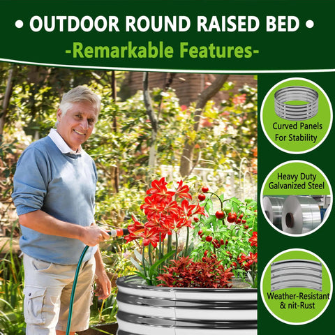 Man watering plants in a round raised garden bed made of galvanized steel, featuring stability panels and rust resistance.