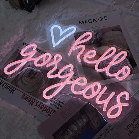 Hello Gorgeous Neon Sign LED Neon Light Heart Wall Decor For Girl Bedroom Lit Romantic Party Gift USB Powered Acrylic Light For Birthday Wedding Bar Club Decor Great Gift For Her Room Makeover Ideas