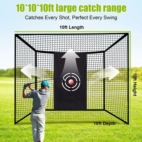 Oversized 10x10x10 Feet Golf Hitting Cage Net With Hanging Design Straps And Carabiners No Poles Needed for Backyard Practice