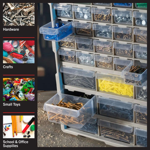 39 Drawer Plastic Small Parts Organizer with desktop or wall storage for hardware, crafts, school supplies, and toys.