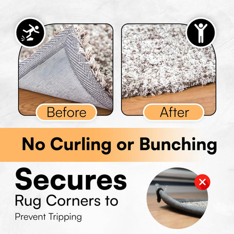 8 Pack Rug Pad Gripper Set For Hardwood Floors No Slip Rug Pads showing before and after securing rug corners
