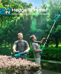 Two men using Pole And Cordless Hedge Trimmer 2-In-1 Electric Bush Trimmer with Telescopic Pole in a garden