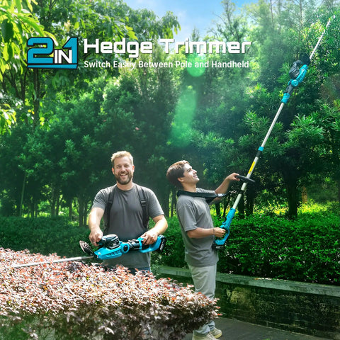 Two men using Pole And Cordless Hedge Trimmer 2-In-1 Electric Bush Trimmer with Telescopic Pole in a garden