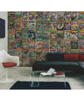 Marvel Comics Peel And Stick Wallpaper Mural For Living Room Or Kids Room Ten And A Half Feet By Six Feet Easy To Apply Removable Adhesive Backing No Paste Wall Decor displayed in a modern living room with a comic book cover pattern and modern furniture.
