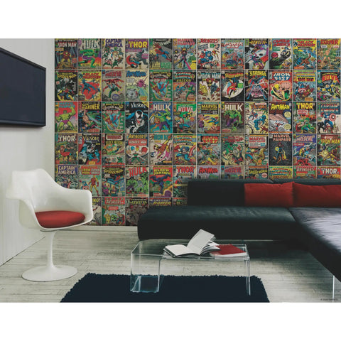 Marvel Comics Peel And Stick Wallpaper Mural For Living Room Or Kids Room Ten And A Half Feet By Six Feet Easy To Apply Removable Adhesive Backing No Paste Wall Decor displayed in a modern living room with a comic book cover pattern and modern furniture.