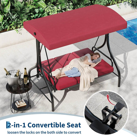 Three Seat Go To Outdoor Patio Swing With Adjustable Canopy And Backrest Thickened Removable Cushions Converts To Bed Comfy