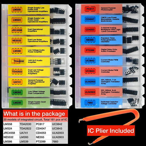 IC Kit 161 Pieces 20 Models Analog Integrated Circuits Electronics Parts Pack For DIY Tinkerers with IC plier and labeled boxes