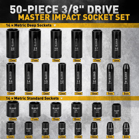 Three Eighths Drive Impact Socket Set With Fifty Piece Shallow And Deep Sockets In Metric And Standard