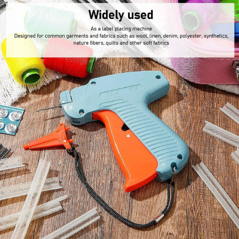 Clothes Tagging Machine For Clothing, Price Tag Attacher Kit with Accessories on wooden surface for shops, retailers.