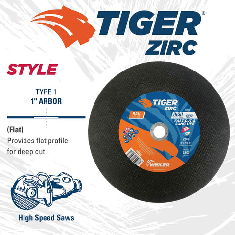 14 Inch Tiger Zirc Rail Cutting Wheel For Steel And Metal Rails, High-Performance Zirconia Alumina Grain, Type 1 Arbor