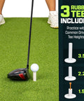 Golfer using Golf Hitting Mat 5x4 Ft With Premium 15 Mm Artificial Turf for swing practice, shows 3 included rubber tees.
