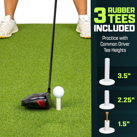 Golfer using Golf Hitting Mat 5x4 Ft With Premium 15 Mm Artificial Turf for swing practice, shows 3 included rubber tees.