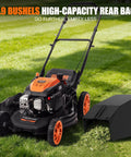 21 Inch Self Propelled Gas Lawn Mower With 170cc 4 Stroke Engine A Real Workhorse For Medium Lawns 7 Position Cutting Height 3 In 1 Mulching Bagging Discharging 1.9 Bushel Grass Collector with high-capacity rear bag on grass