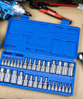 Blue open case displaying All In One Hex Bit Socket Set 33 Piece SAE And Metric Allen Bits for ratchets and hand tools.