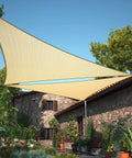 Beige Triangle Shade Sail Canopy 20 Ft Per Side UV Block Water Permeable HDPE Fabric Heavy Duty With Stainless D Ring Corners And Strong Webbing Easy Install For Patio Garden Backyard Custom Sizes Available installed over patio