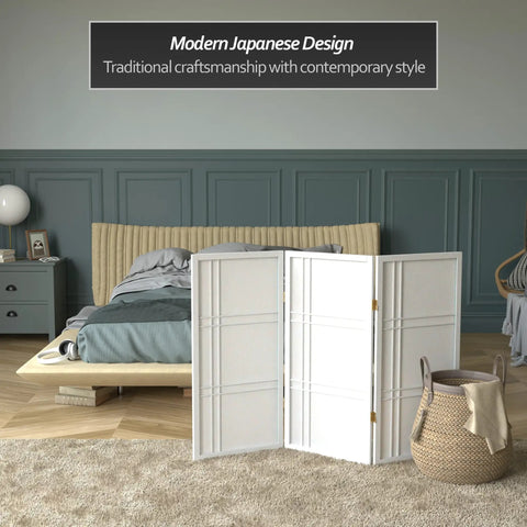 Portable Three Panel White Shoji Screen With Rice Paper And Spruce Wood Frame Folding Room Divider in modern bedroom