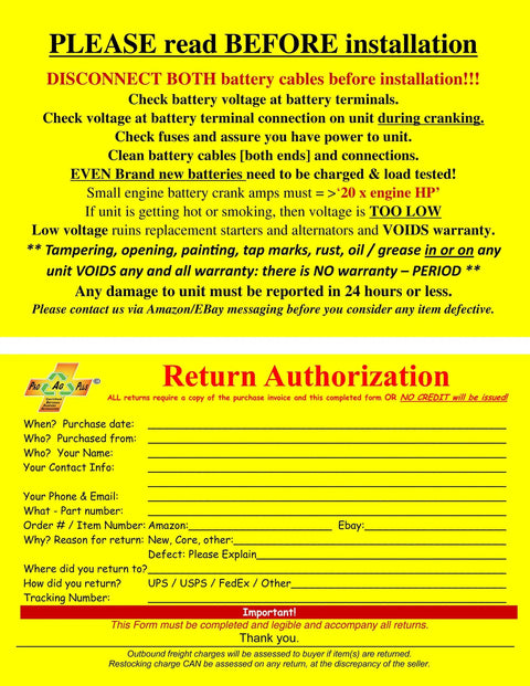 Information sheet with installation and return instructions for battery cables highlighting key steps and warranty guidelines.