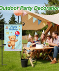 Sturdy Wrought Iron Garden Flag Stand for outdoor use with festive birthday flag hanging near family celebration