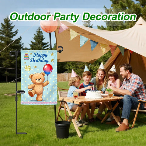 Sturdy Wrought Iron Garden Flag Stand for outdoor use with festive birthday flag hanging near family celebration