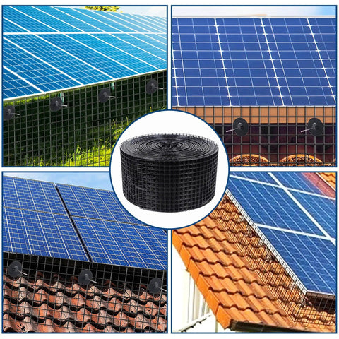 Collage of Solar Panel Bird Mesh Guard 6 Inch By 50 Foot Black PVC Coated Steel Netting on various roof installations