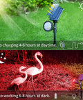 2 Pack RGB Solar Spotlights Outdoor Waterproof Color Changing Landscape Lighting With 9 Lighting Options For Backyard Walkway Tree Lawn Decor For Garden Or Pathways, showing day charging and night illumination.
