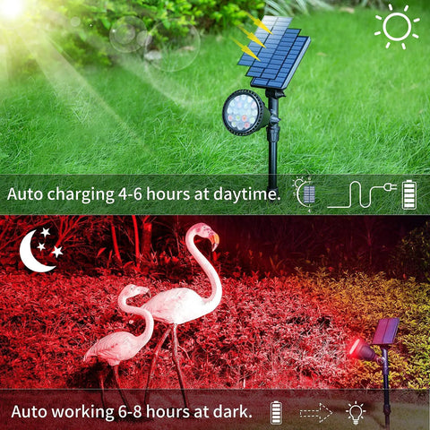 2 Pack RGB Solar Spotlights Outdoor Waterproof Color Changing Landscape Lighting With 9 Lighting Options For Backyard Walkway Tree Lawn Decor For Garden Or Pathways, showing day charging and night illumination.