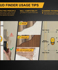 2-In-1 Rechargeable Cross Line Laser Level With Magnetic Stud Finder showing usage tips for drywall and wood walls