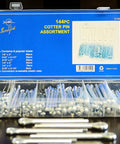 144 Piece Cotter Pin Set With 6 Popular Sizes Spring Steel Zinc Plated For Rust Resistance In A Clear PP Storage Case With Size Chart Swordfish 31100 Kit, shown in open case displaying pins inside.