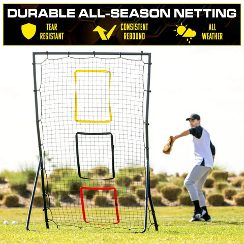 Baseball And Softball Pitching And Fielding Rebounder 6 X 4 Ft Pitch Back Net With 3 Target Zones for solo training outdoors