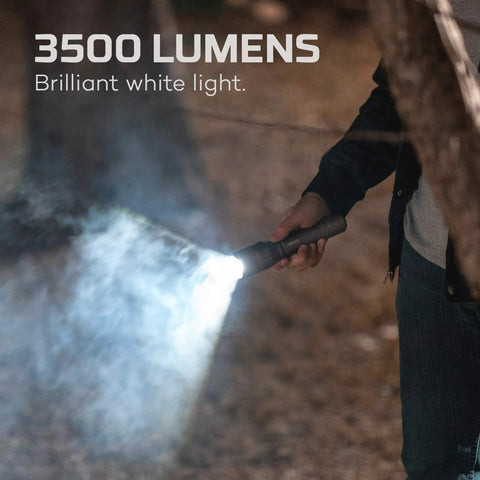 Person using DaVinci 3500 Lumen Rechargeable Handheld Flashlight With Power Bank Built In USB Type C Charging Waterproof EDC Light