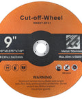 Front view of 9 inch cut off wheel for angle grinders, 0.075 inch thick, 7/8 inch arbor, metal and stainless steel cutting.