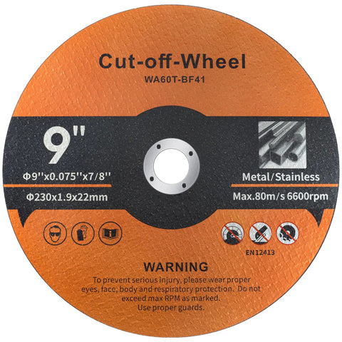 Front view of 9 inch cut off wheel for angle grinders, 0.075 inch thick, 7/8 inch arbor, metal and stainless steel cutting.