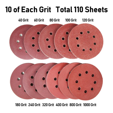 110 Pack 5 Inch 8 Hole Sanding Discs Set With Hook And Loop Aluminum Oxide Pads, All In One Grit Progression From 40 To 1000 displayed in rows
