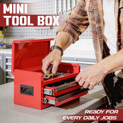 Person using Mini Toolbox With Two Drawers And Top Storage In Durable Steel Smooth Glide Ball Bearing Slides Portable Tool Box Organizer For Garage Workshop School Or Office Use In Red