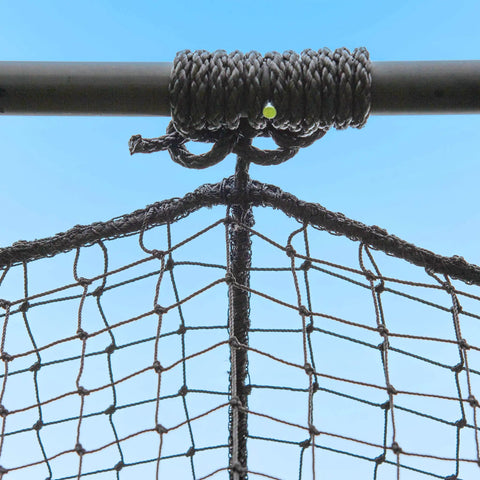 Close-up of netting and steel frame from Trapezoid Baseball Batting Cage Kit With Complete Cage, Connector Set, And Premium Net Package For 55Ft Practice Tunnel