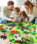 Family playing with Dinosaur Track Race Car Toys For Kids 3 4 5 6 7 With Flexible Lighted Track Set on a living room floor