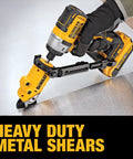 Side view of DEWALT metal shear/cutter drill attachment with 360° pivoting head cuts 18-gauge metal; yellow/black