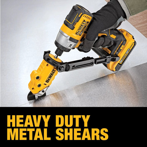 Side view of DEWALT metal shear/cutter drill attachment with 360° pivoting head cuts 18-gauge metal; yellow/black