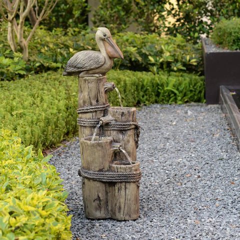 Chill Four Tier Pelican And Driftwood Outdoor Cascading Water Fountain For Porch Backyard Or Lawn Resin Construction Weatherproof Rust Resistant Brown Finish Low Maintenance
