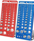 82 Nut And Bolt Thread Checker Kit with Standard and Metric Gauges, red and blue boards showing sizes for shop use