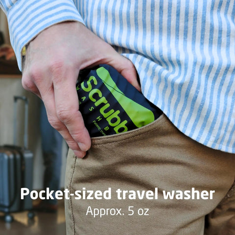 Lightweight Portable Travel Laundry Bag With Patented Washboard Interior For Quick Machine Quality Clothing Cleaning No Sweat Backpacking RV Road Trips Cruise Vacations And Hotel Stops in a pocket.